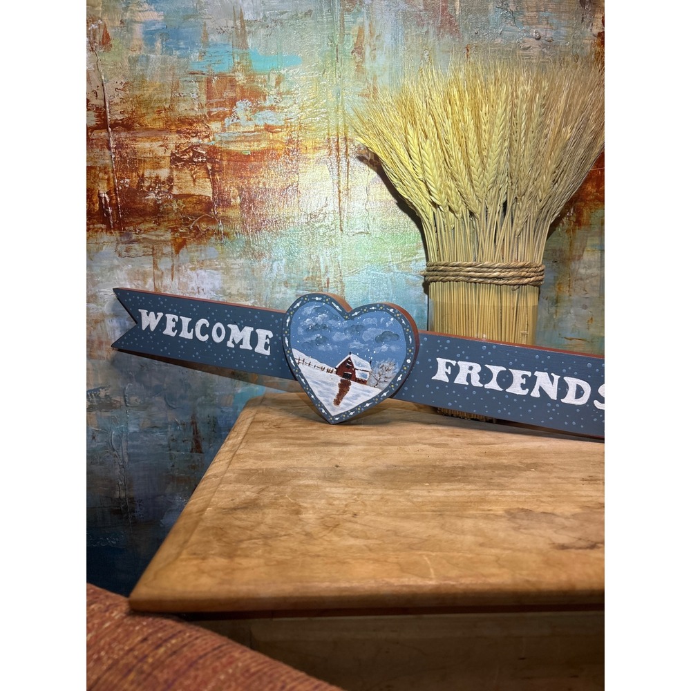 Hand Painted Wood Welcome Friends Winter Barn Sign Heart Folk Art 21 Inch